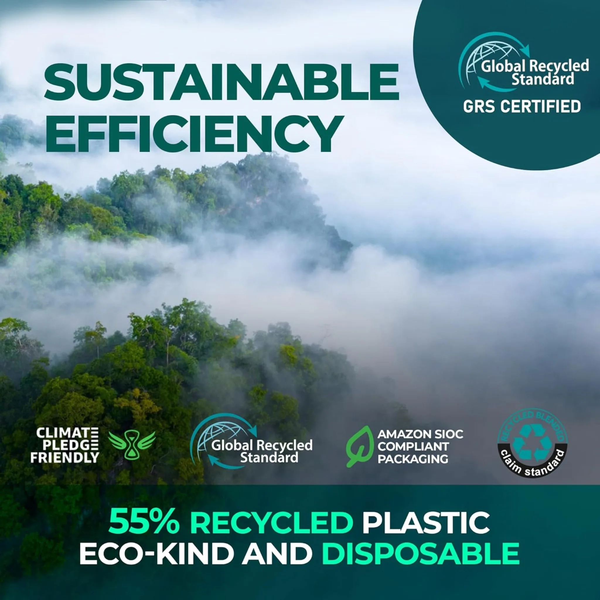 55% recycled plastic and eco-kind packaging